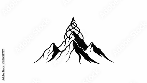 Mysterious, swirling mountain peak against a stark white background, symbolizing adventure and the unknown.