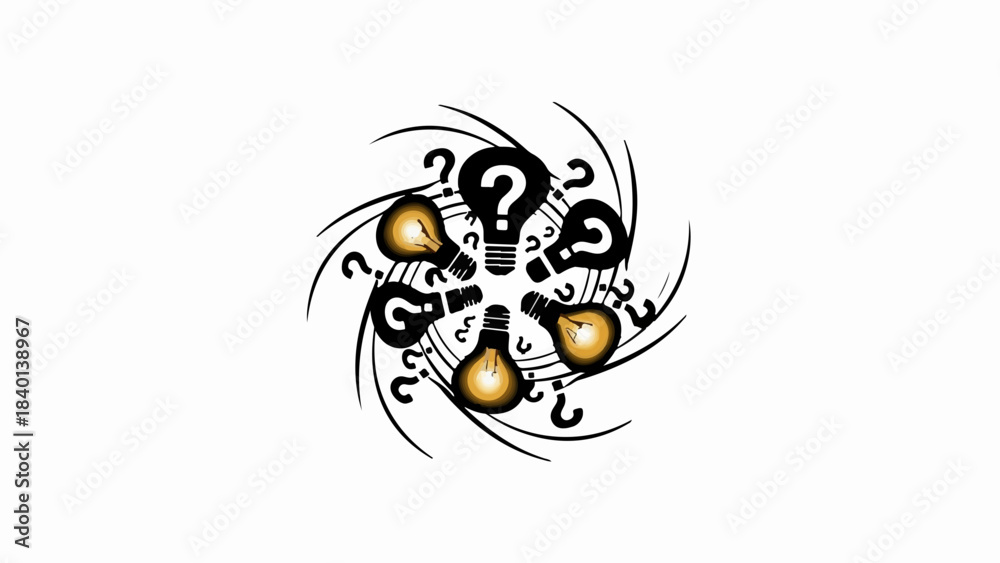 Obraz premium Swirling question marks and glowing lightbulbs represent the journey from confusion to bright ideas.