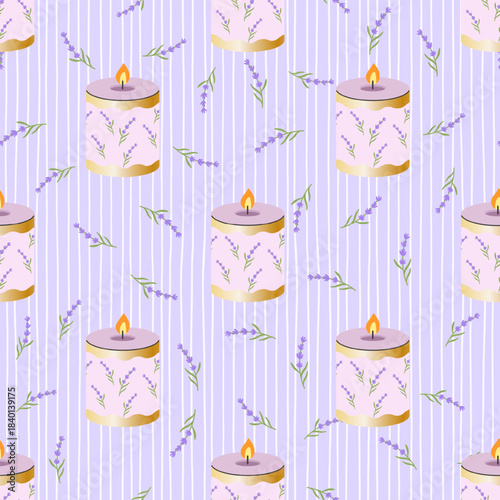 Lavender candle seamless pattern with soft purple background, glowing flame and small heart accents, perfect for spa, wellness and romantic designs