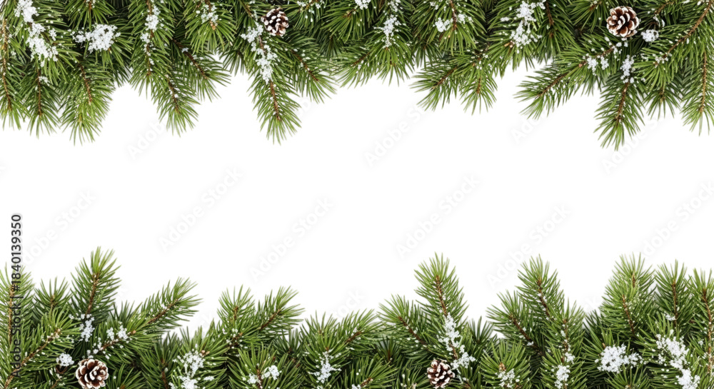 Obraz premium Christmas pine branches with snow and pine cones, creating a festive border on a Transparent Background.