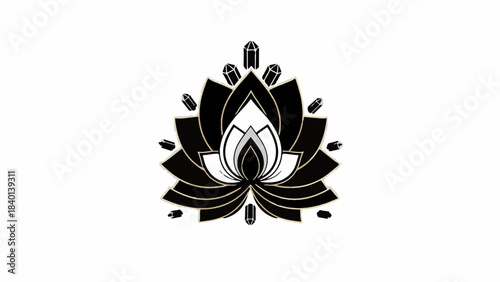 Elegant black and white lotus flower symbol with radiating elements on a clean background
