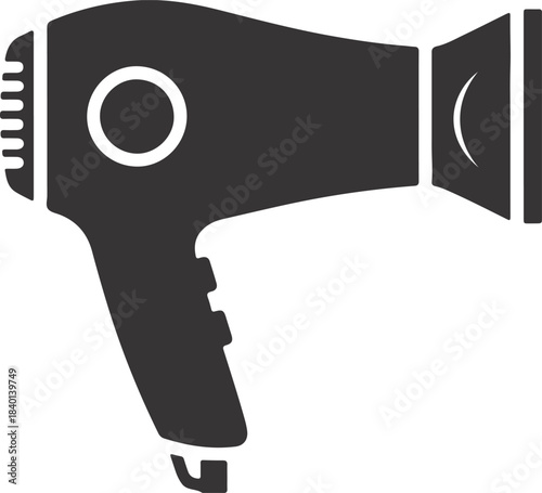 Minimalist black and white icon representing a hair dryer for professional design use