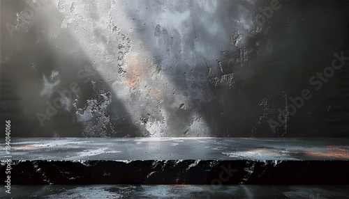 Abstract stone surface with dramatic lighting and smoky textured background.