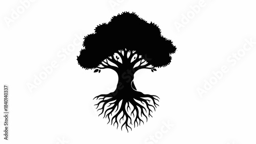 Symbolic silhouette of a strong tree with visible roots, representing growth and life
