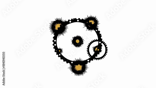 Intricate mechanical gears forming a circular abstract design with golden fuzzy centers