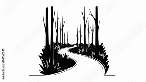 Winding forest path leading into mysterious dark woods