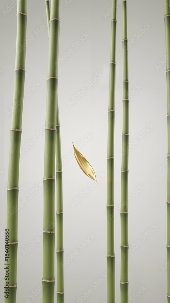 Fototapeta premium Green bamboo stalks with a single yellow leaf against a neutral background 