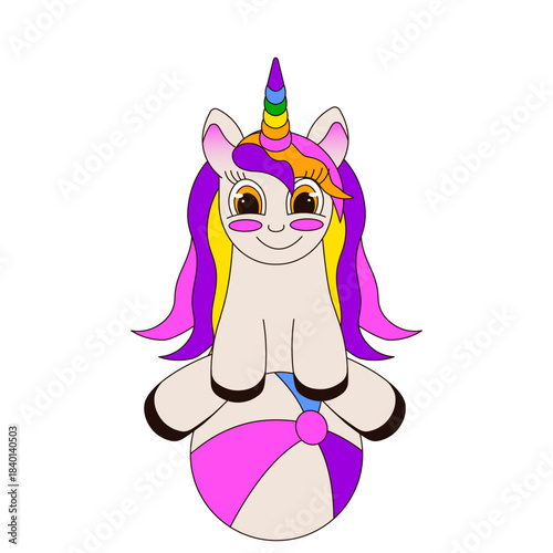 Funny colored Unicorn. Vector illustration of cute rainbow Unicorn on the beach rubber ball isolated transparent background. Fun child t-shirt print and kid summer art. EPS 10 Editable