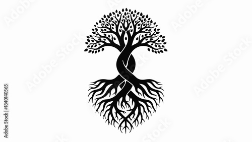 Intricate black tree with twisted trunk and roots symbolizing life and connection