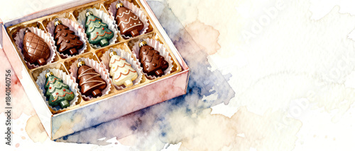 A box of chocolates beautifully arranged in festive shapes, evoking a sense of joy and indulgence