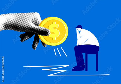 Concept of poverty. Bankruptcy. Man sits in despair on a chair. Halftone hand holds out a coin. Support, helping hands