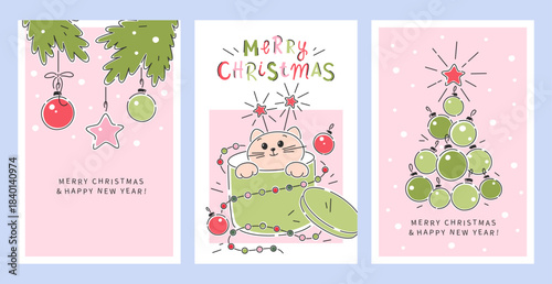 Set cards of Merry Christmas and New Year with cute cat, gifts, Christmas tree and decor. Xmas backgrounds for winter holidays,  invitation, greeting.