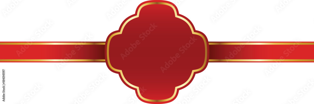 Fototapeta premium Red Banner with Flower Shape and Gold Trim. Frame Template on Transparent background.