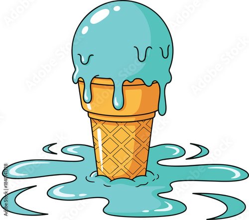 Melting Blue Ice Cream Cone with Spilled Liquid on White Background Keywords: ice cream, cone, melting, dripping, blue ice cream