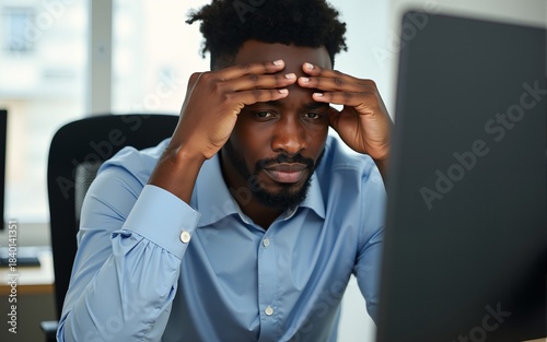 Stress, headache and call center businessman on computer for customer service or consulting. Support agent, black man and telemarketing virtual advisor tired, frustrated or burnout at work office.
