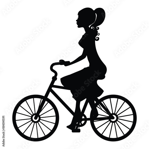 Cyclist Silhouette Clipart – Woman Riding Bicycle in Dress with Ponytail for Outdoor & Activity Designs