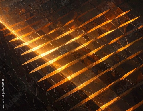Abstract Composition of Diagonal Metallic Blades with Warm Light and Shadow Play