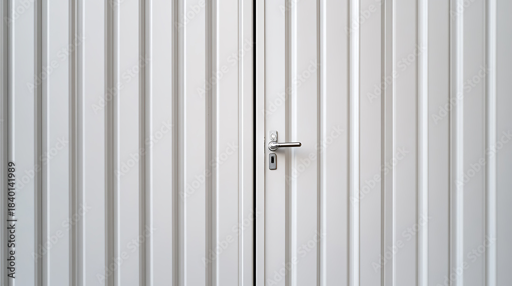 Obraz premium A modern industrial door with metal paneling and a sleek, metallic handle. Perfect for garages, storage spaces, or commercial buildings seeking a clean, secure entrance.