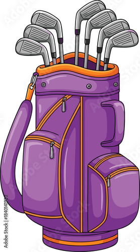 Purple Golf Bag with Silver Golf Clubs and Orange Accents on White Background Keywords: golf, golf bag, golf clubs, sports