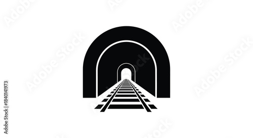 A striking graphic of a tunnel entrance with converging railroad tracks a bold silhouette