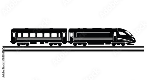 A sleek high speed passenger train depicted in a striking black and white silhouette