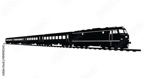 A sleek passenger train traveling on railway tracks depicted as a striking black silhouette