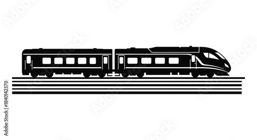 A sleek high speed train travels on railway tracks depicted in a striking black silhouette