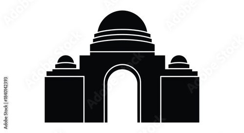 A striking black silhouette of an architectural monument with a central archway silhouette