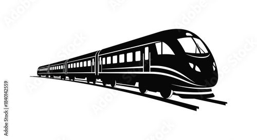 A sleek modern high speed passenger train traveling on tracks a striking black silhouette