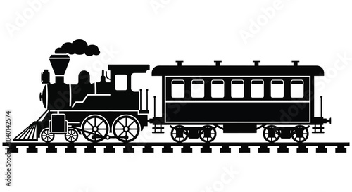 a vintage steam locomotive with detailed features depicted in a striking black silhouette