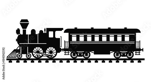 A vintage steam train with detailed carriages travels on railway tracks a striking silhouette