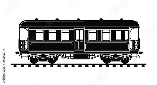 a detailed black and white illustration of an old fashioned railway car silhouette