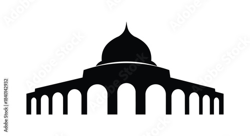 A striking black silhouette of a domed mosque structure with detailed architectural features silhouette