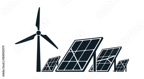 Renewable energy sources depiction of a wind turbine and solar panels in black silhouette