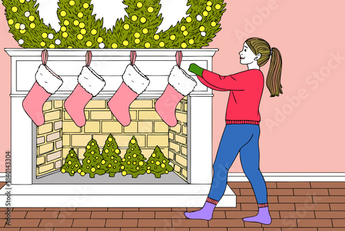 Girl Hanging Christmas Stockings on Fireplace Cartoon Illustration Vector