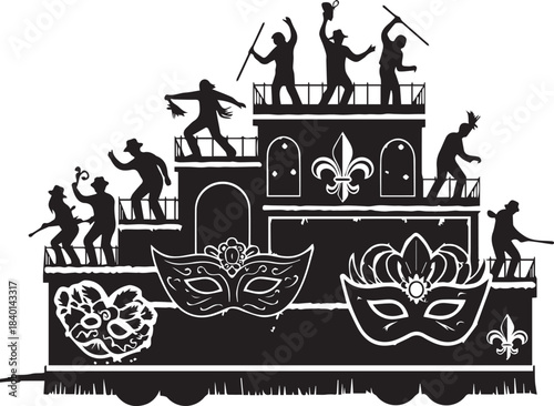 Silhouette of a mardi gras parade float with figures and masks