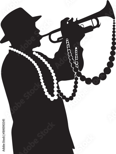 Silhouette of a musician playing a trumpet with mardi gras beads