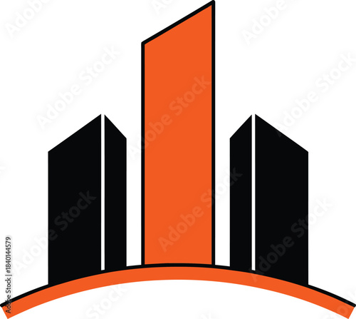 A minimalist logo of three stylized skyscrapers with a central orange tower and two black side buildings on a curved base.