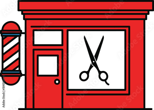 A vibrant red barbershop storefront illustration featuring a classic striped pole and a large scissors icon.