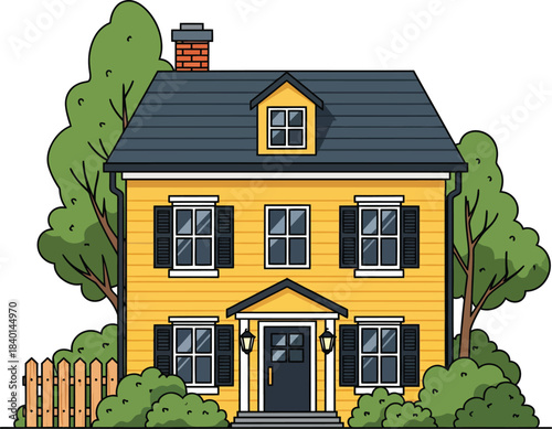 Cartoon illustration of a classic twostory yellow colonial house with black shutters and a dark roof.