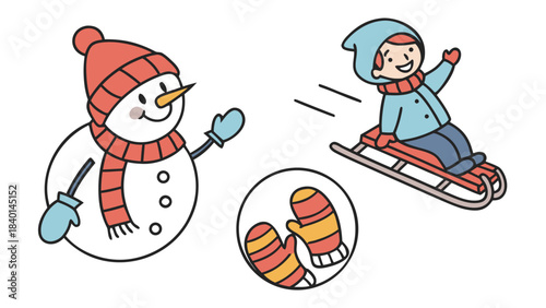 Happy child sledding downhill past a friendly snowman with a close-up of warm mittens perfect for winter activity illustrations and seasonal designs