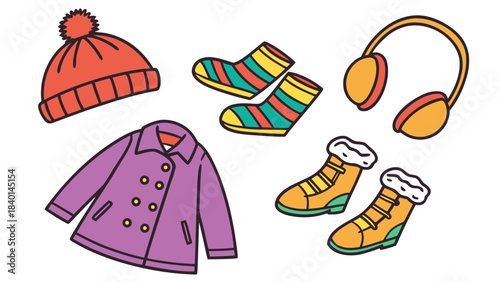 Collection of winter clothing items including a coat hat earmuffs and boots in a flat illustration style for seasonal concepts