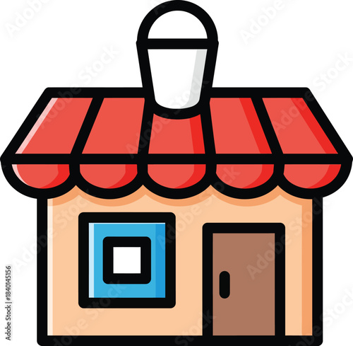 Cartoon shop icon with a red striped awning and a white bucket sign on the roof.