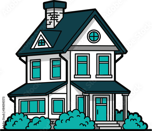 Charming twostory cartoon house illustration with a dark teal roof chimney and porch.