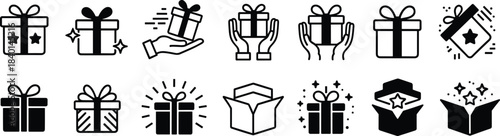 Assortment of gift box icons in various styles present ribbon