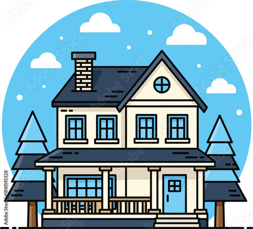Classic twostory family house illustration with a front porch brick chimney and dark gabled roof.