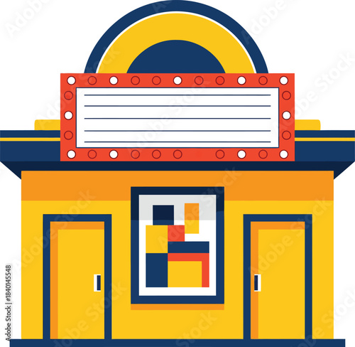 Colorful cartoon movie theater facade with a blank lighted marquee sign and an arched blue and yellow roof.