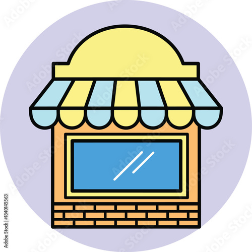 Colorful Cartoon Storefront Icon with Striped Awning and Brick Base.