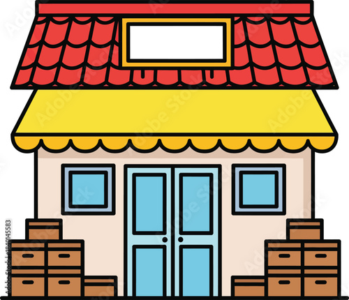 Colorful cartoon storefront illustration with a red tiled roof yellow awning and stacked boxes.
