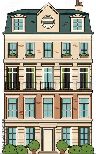 Elegant multistory Parisian apartment building illustration with a mansard roof and teal shutters.